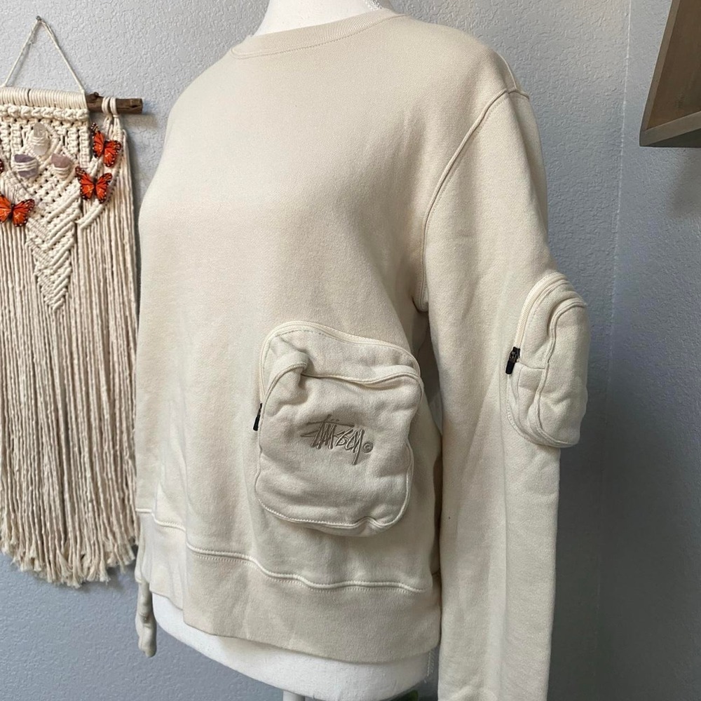 STÜSSY CREAM FRONT POCKETS CREWNECK PULLOVER SWEATSHIRT STREETWEAR SKATE CASUAL - Picture 3 of 8